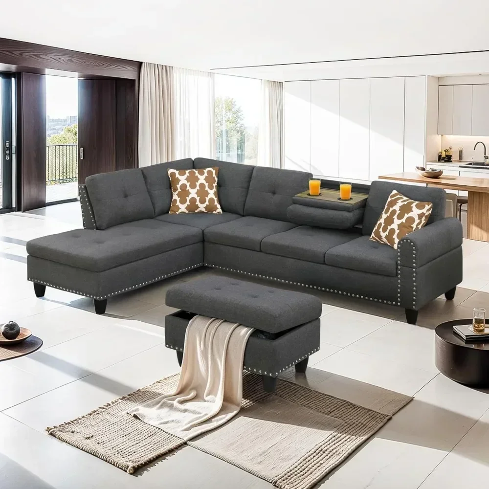 Sofás seccionales convertibles en forma de L con almacenamiento, chaise y portavasos, sofá moderno de tela de lino de 4 asientos, sofás de salón