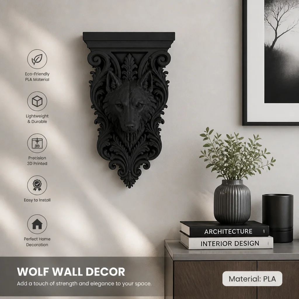 Gothic Wolf Head Wall Bracket Shelf, Black PLA Plastic Ornate Baroque Corbel for Dark Academia Vintage Home Decor