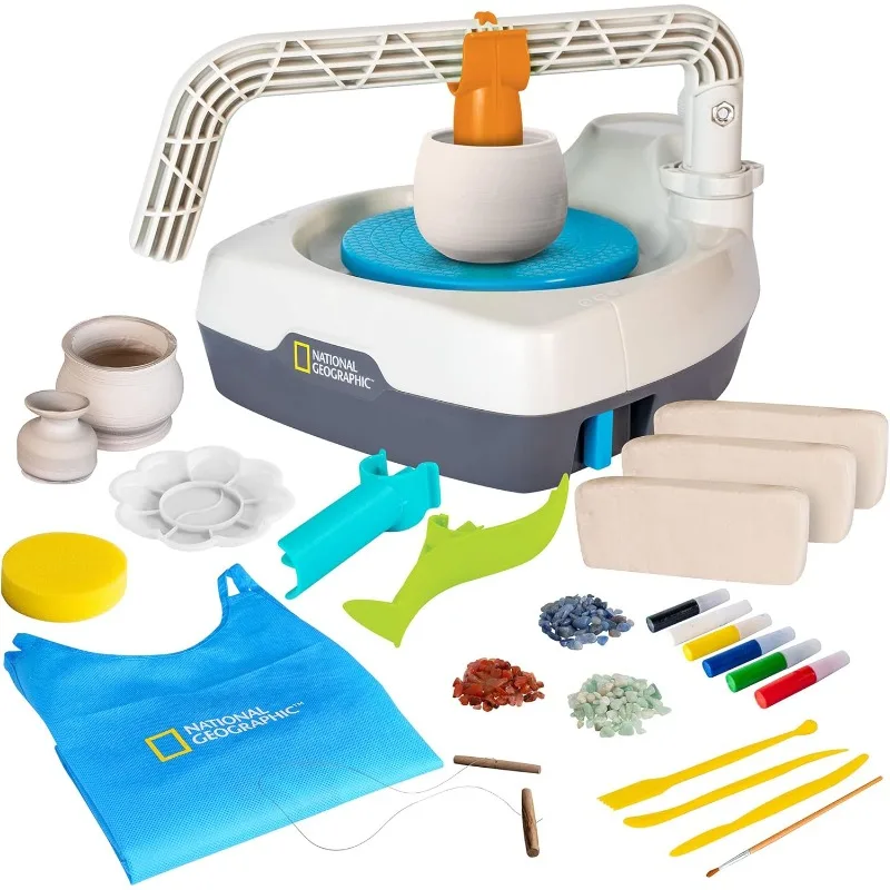 Deluxe Pottery Wheel Kit – Complete Starter Pottery Set, Plug-In Motor, 3 lbs. Air Dry Clay, Gemstone Chips,