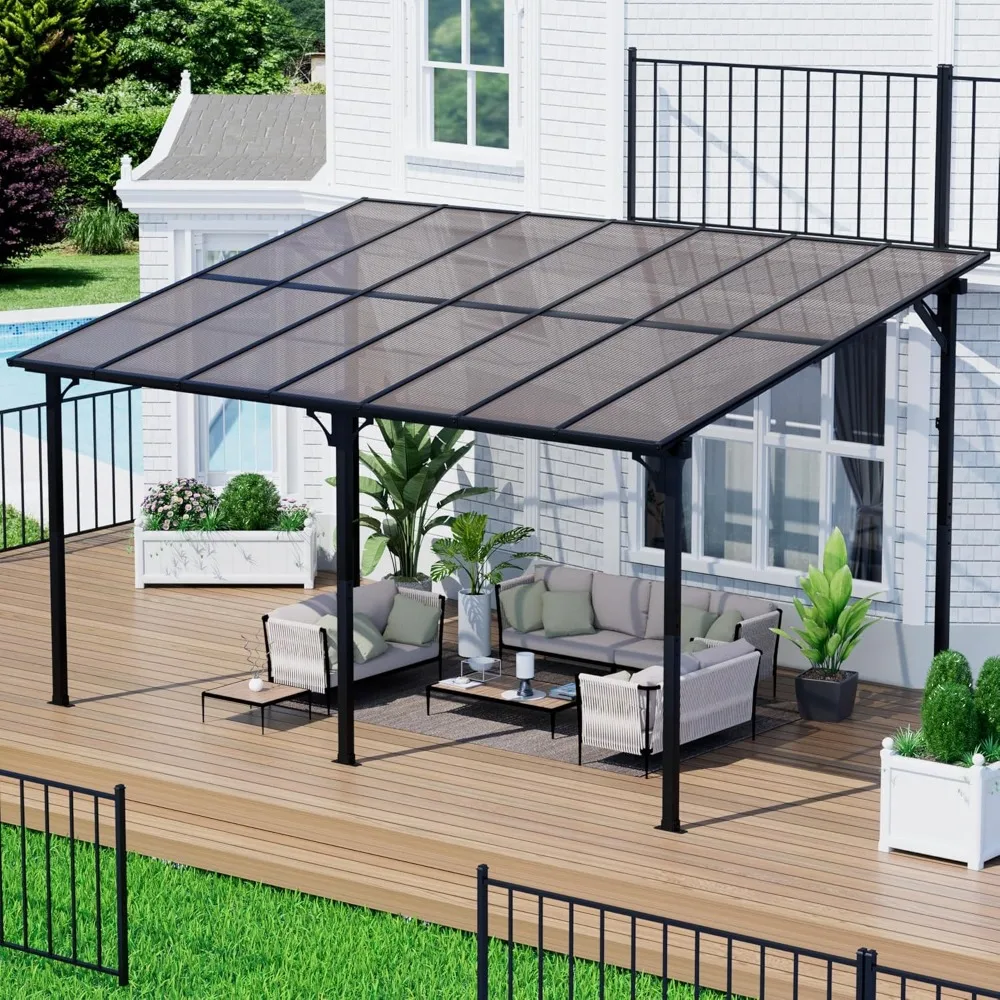 14' x 10' Wall Mounted Lean to Gazebo Pergola on Clearance, Outdoor Hardtop Pergola with Roof, Large Heavy Duty Metal Awnings