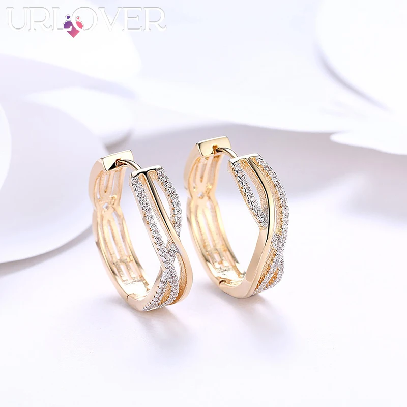 URLOVER 925 Sterling Silver Earring For Woman Geometry AAA Zircon Gold Clip Earrings Fashion Party Wedding Jewelry Birthday Gift