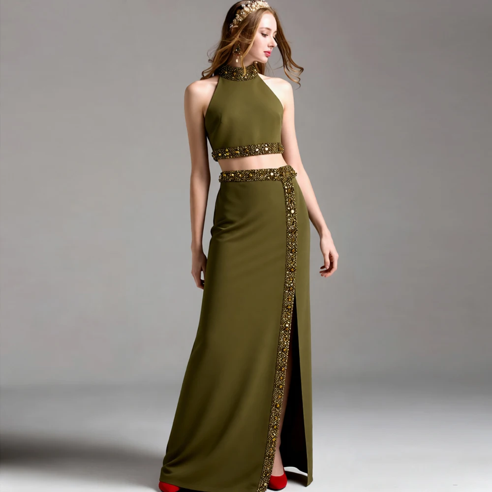 Women's 2 Piece Set Olive Green Halter Crop Top & Long Skirt Elegant Beaded & Rhinestone Embellished Formal Suit with Side Slit