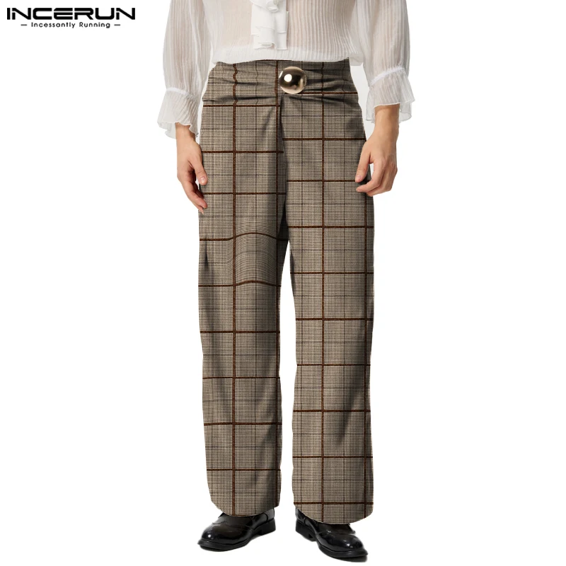 INCERUN, pantalón largo elegante 2024, pantalones con hebilla de Metal de diseño trenzado para hombre, pantalones informales bien ajustados con patrón de rejilla para hombre, pantalones S-5XL