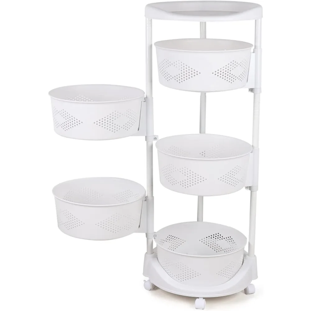 5-Tier Rotating Fruit&Vegetable Storage Rack for Kitchen Modern Kitchen Trays with Wheels for Grocery Organizer