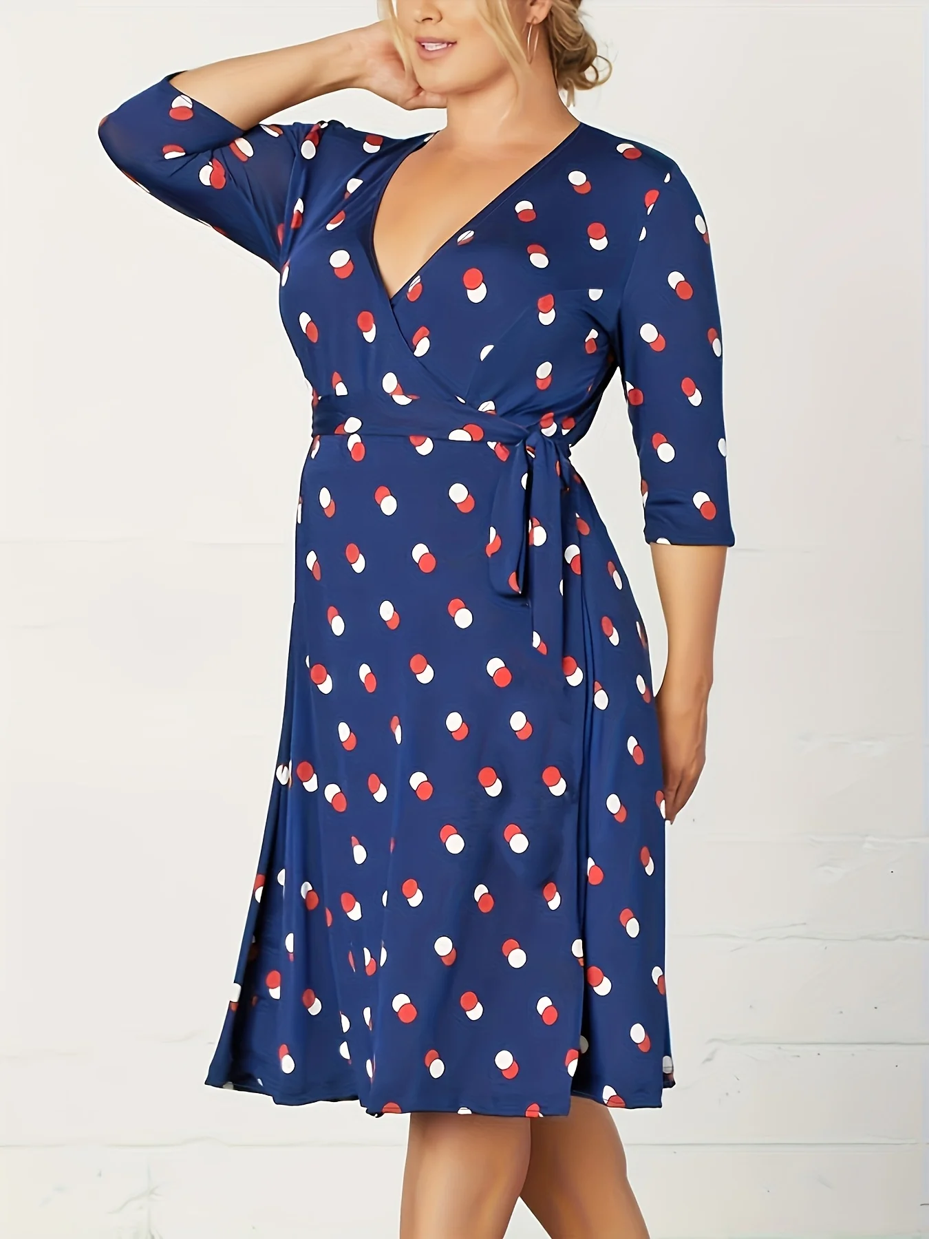

Women's Polka Dot Wrap Dress - V Neck 3/4 Sleeve Tie Waist Knee Length Casual Midi Dress