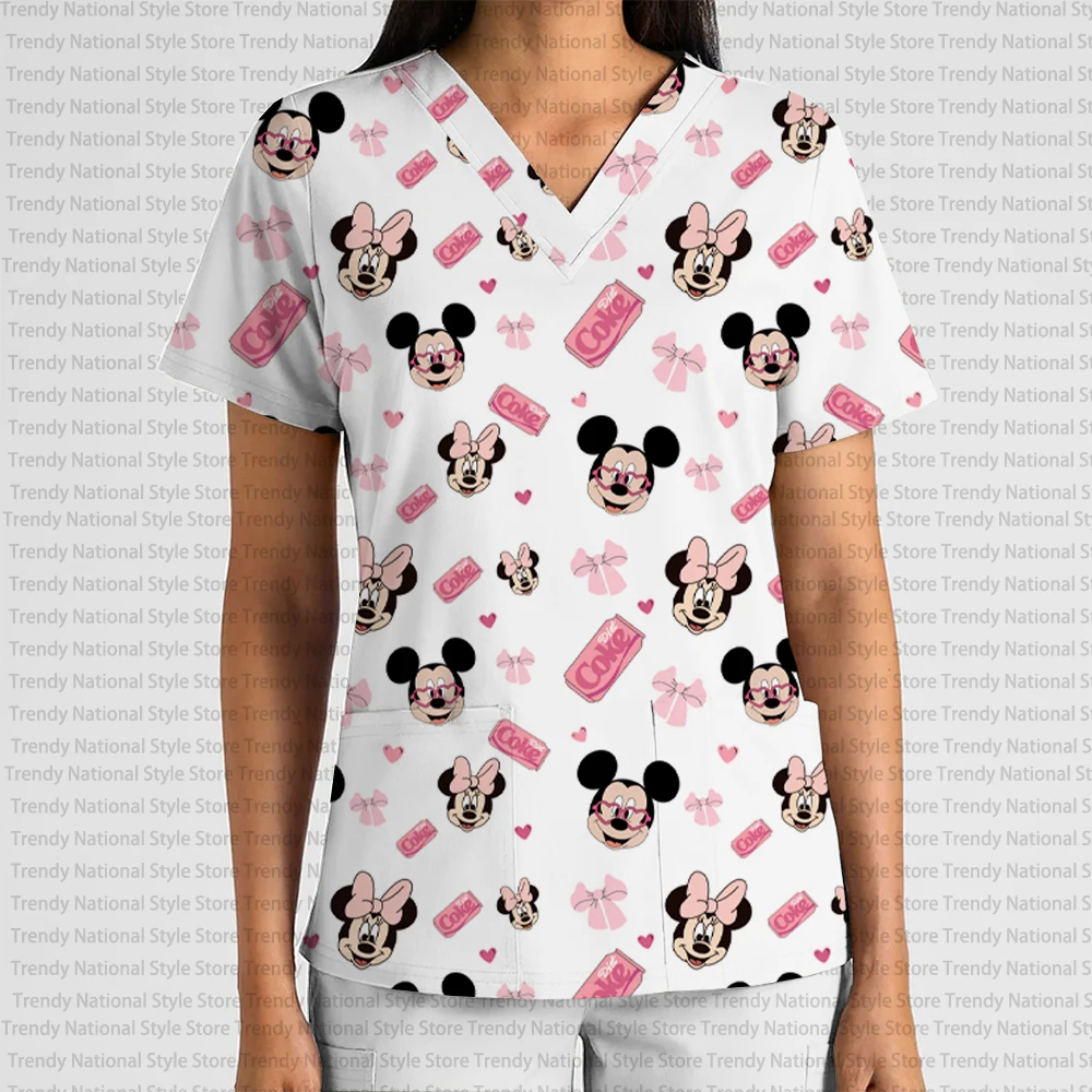 新しいエレガントな女性の作業服クリスマススノーフレークミッキーとミニープリントフロストトップVネックポケットTシャツ付き