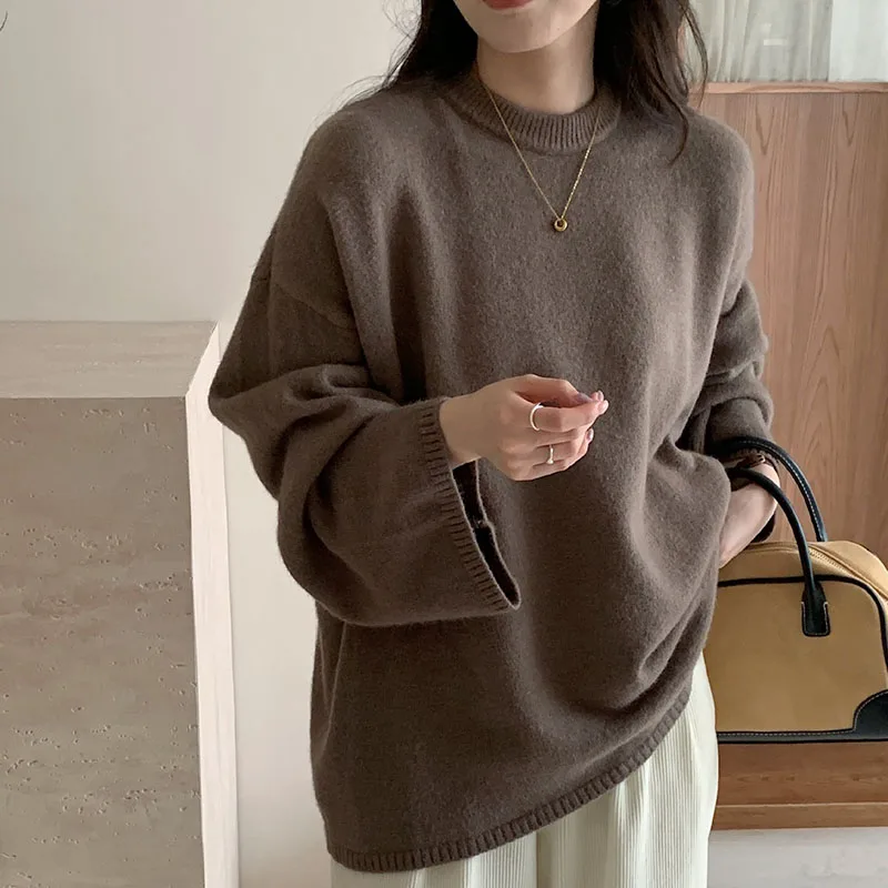 

Oversized Loose Round Collar Sweater for Women Autumn Winter New Basic Solid Color Knitted Jumpers Casual Thicken Warm Knitwear