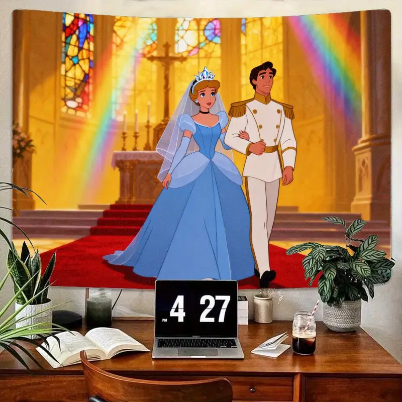 1 tapiz de boda encantador de Cenicienta y Príncipe, arte de pared de arcoíris de cuento de hadas de Disney, decoración moderna para dormitorio y sala de estar de poliéster