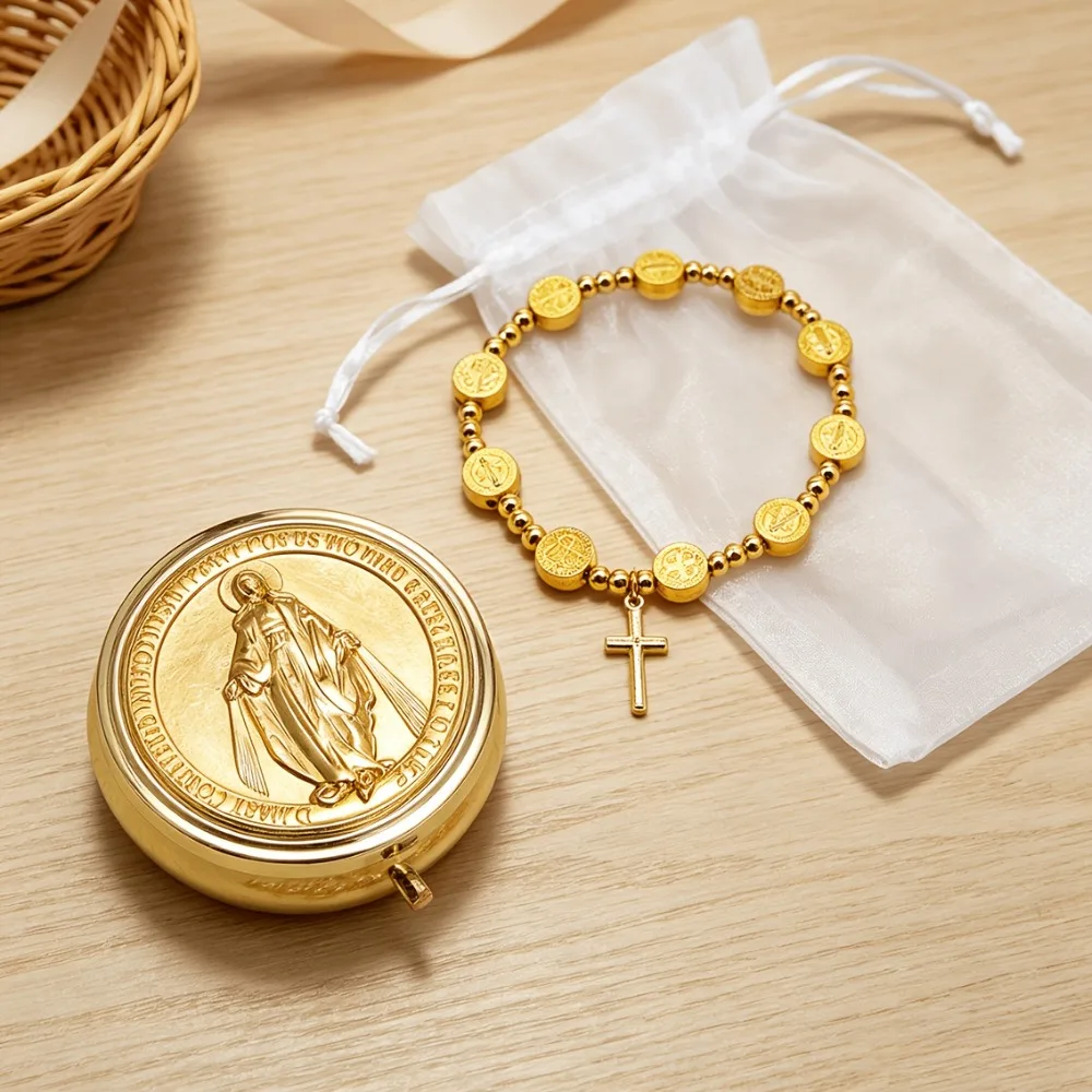 1-5 Sets Religious Gold Rosary Box & Bracelet with Organza Bag, Virgin Mary Stretch Bracelet Cross Pendant, Church Baptism Gift