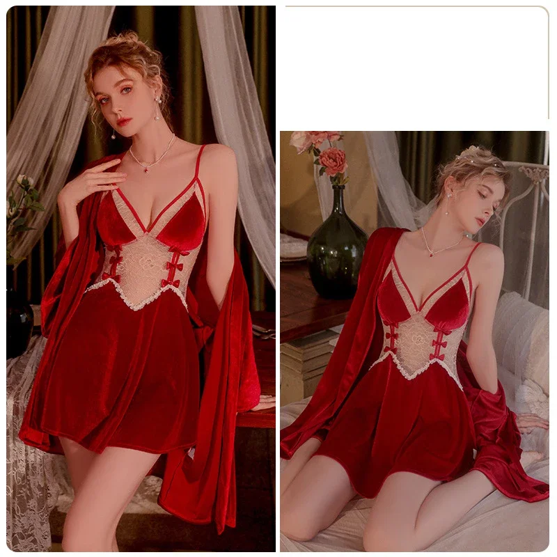 French Velvet Lace Sexy Pure Nightdress Robe with Chest Cushion Lace up Robe Princess Victorian Fairy Sleepwear Home Fury Set