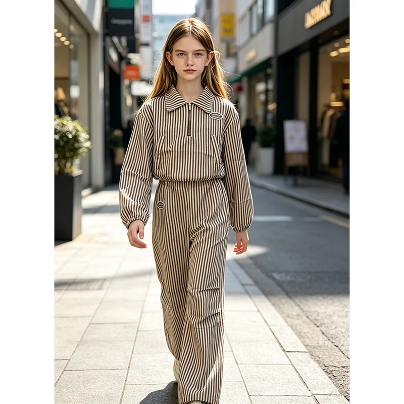 Teen Girls Vertical Stripe Matching Suit, Label Decor Long Sleeve Top & Loose Straight Trousers Casual Spring Two Piece Outfit