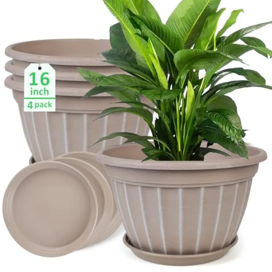 

4 Pack 16 inch Plant Pots for indoor outdoor use, sturdy plastic, beige, retro vertical stripe design with drainage holes and s