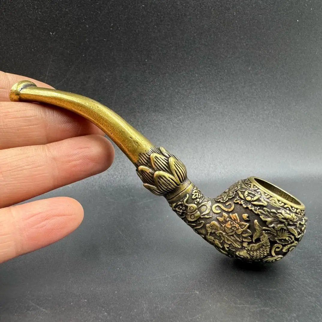 Vintage brass pipe carved carp pure copper dry tobacco traditional handmade dry body creative men's smoking set small