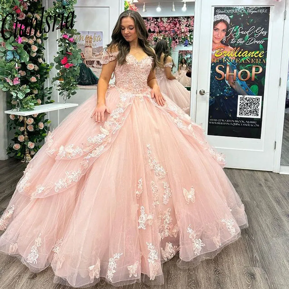 Rosa von der Schulter Rüschen Quince anera Kleider Ballkleid Applikationen Spitze süß 15 Vestidos de XV Años