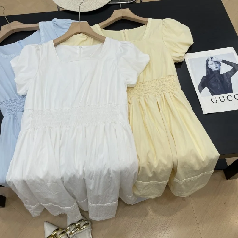 Vestido Tubo Recto Entallado, Color Puro, Cuello Cuad, Cintura Elástica, Manga Corta, Falda Midi, Estilo Simple, Vestido ...