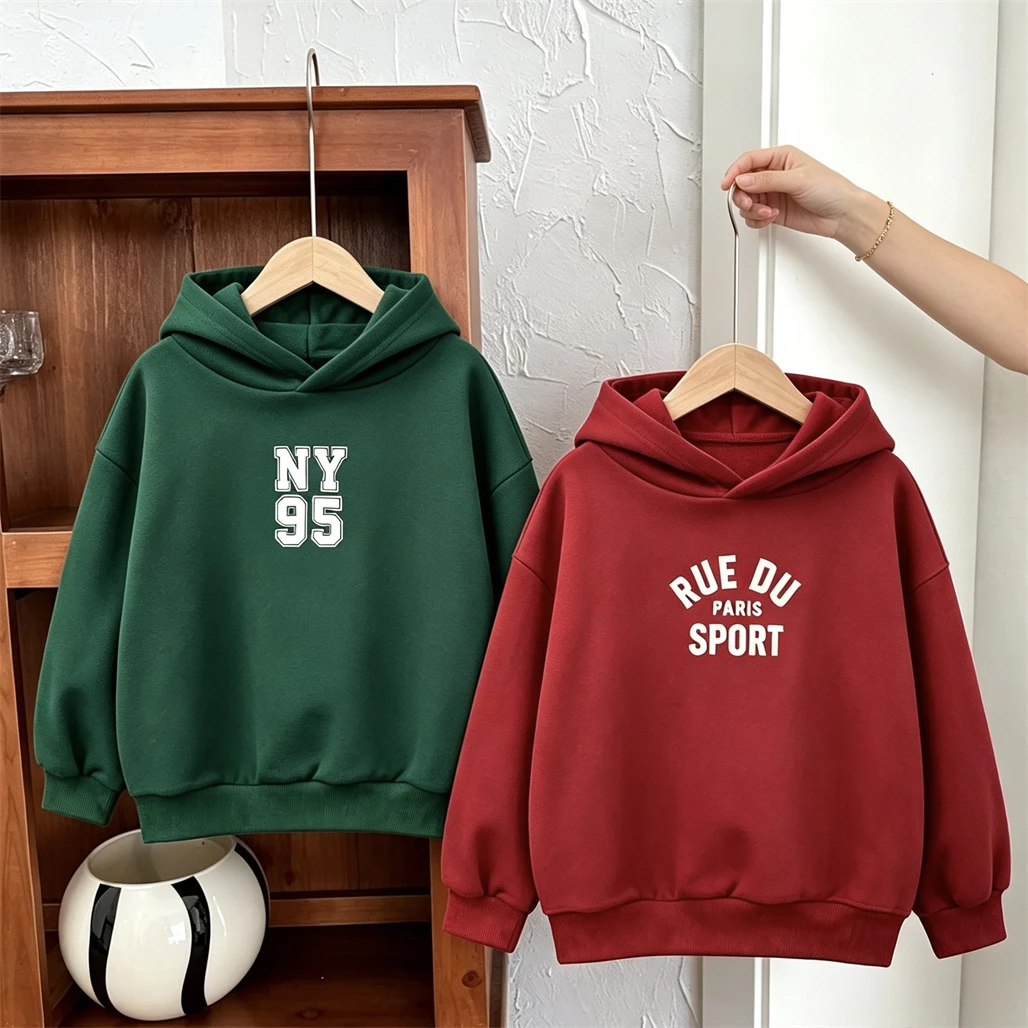 Boys Girls Casual Sports Pullovers Autumn Winter Thin Velvet Hoodies Green Red White Hooded Tops Outer Wear Toddler Clothing