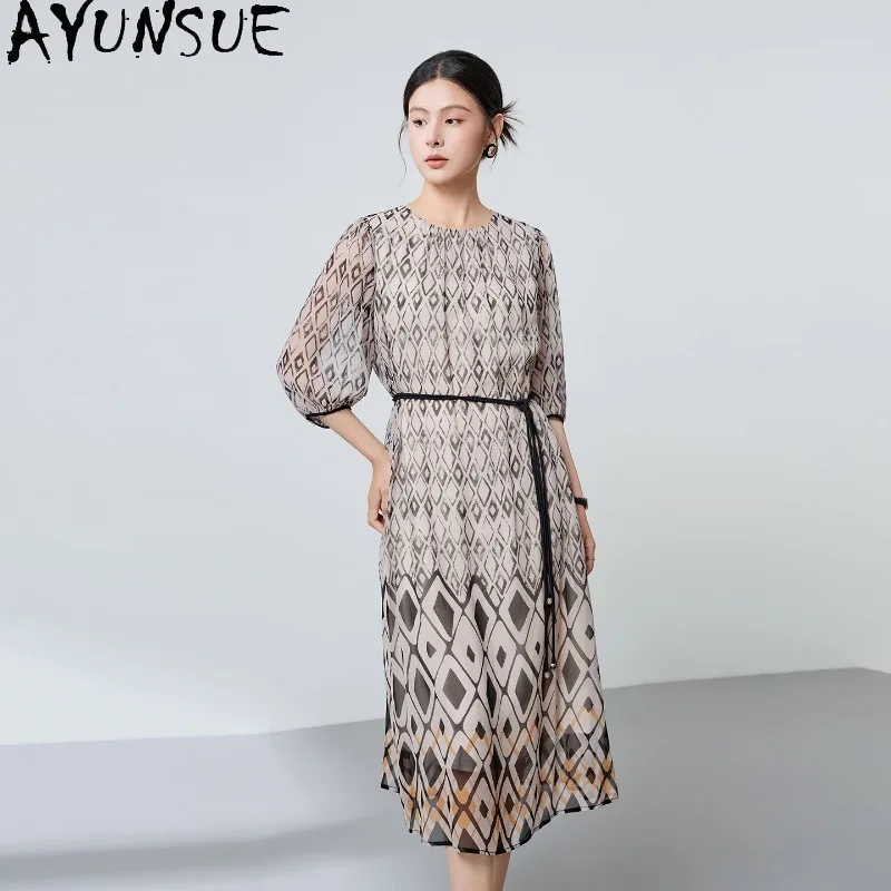 AYUNSUE Real Silk Women's Casual Dresses Diamond Pattern Summer Dresses for Woman Fashion Printed Dress Woman Clothes Vestidos