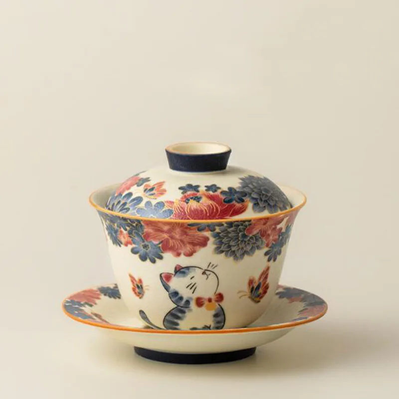Porcelain Flourishing Flowers Cat Tea Tureen Household Kungfu Tea Maker Tool Infuser Bowl Kitchen Teaware Set