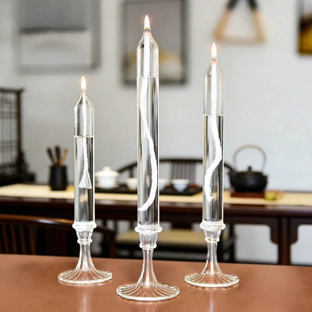 Image of 3 Stück transparente Glas-Kerzenhalter, nachfüllbare Säulenkerzen-Öllampe, rauchfrei, kreative romantische Hochzeitsdekoration