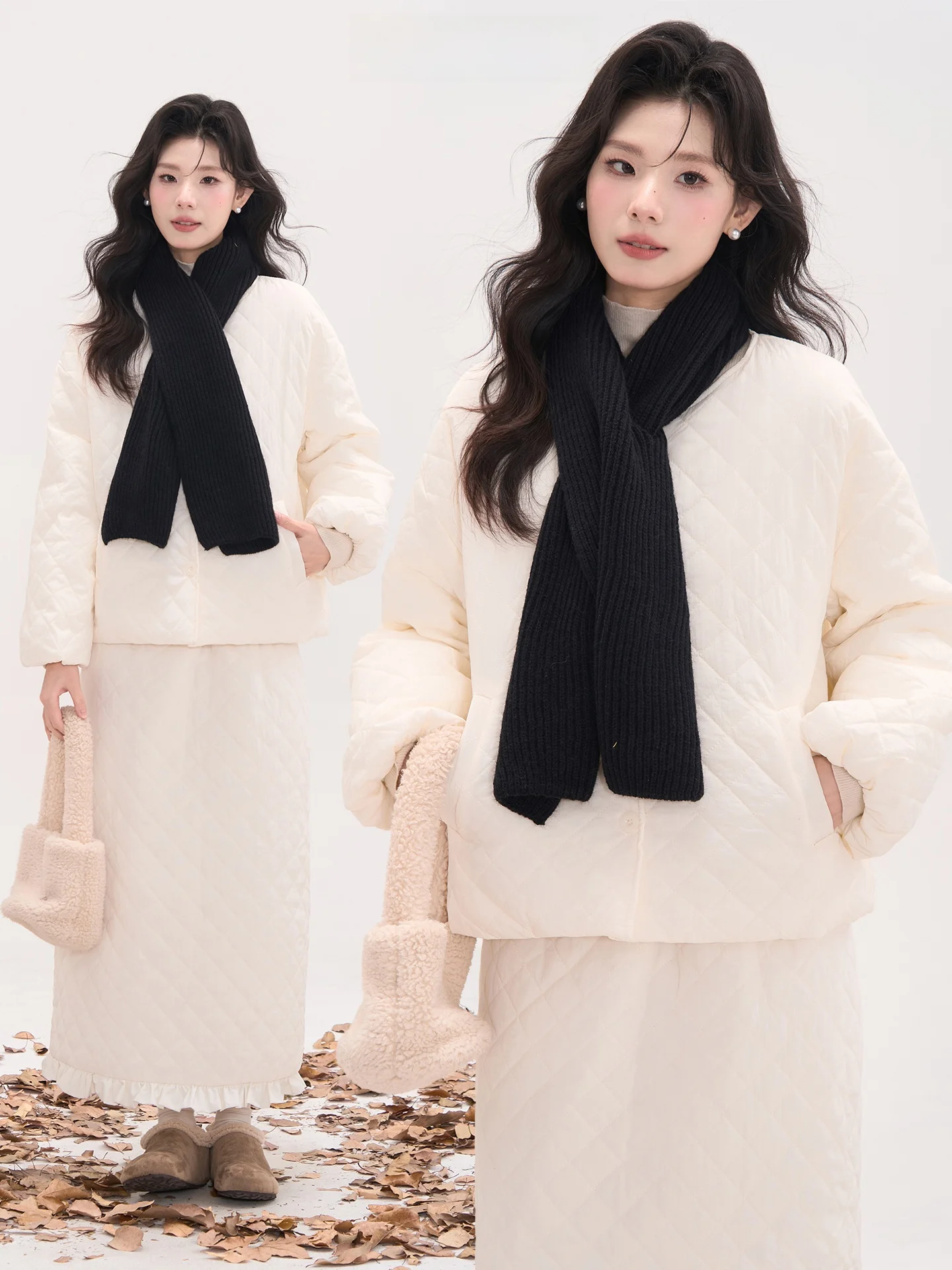 

Зимний хлопковый комплект Bubble Hug: куртка и юбка с рюшами, женский модный корейский стиль, свободный крой, круглый вырез