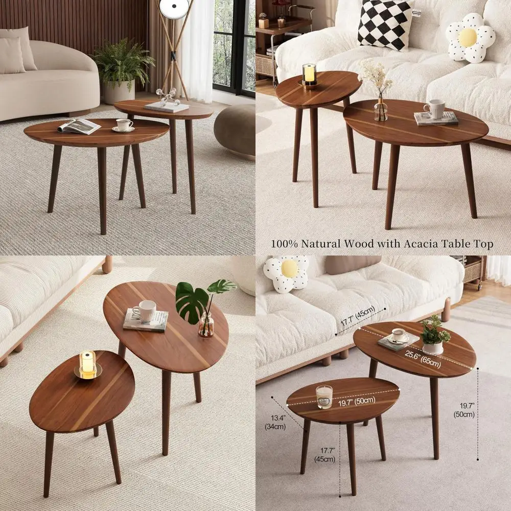 コンパクトなアカシア材のネストコーヒーテーブルセット、小さなリビングルームやオフィスに最適、ミニマリストのミッドセンチュリーモダンデザイン、E