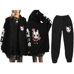 Demon Slayer Zip Per Hoodies Sets Coat Pants Women Men Fashion Anime Zipper Sweat Femme Streetwear Jackets Trousers S-3XL