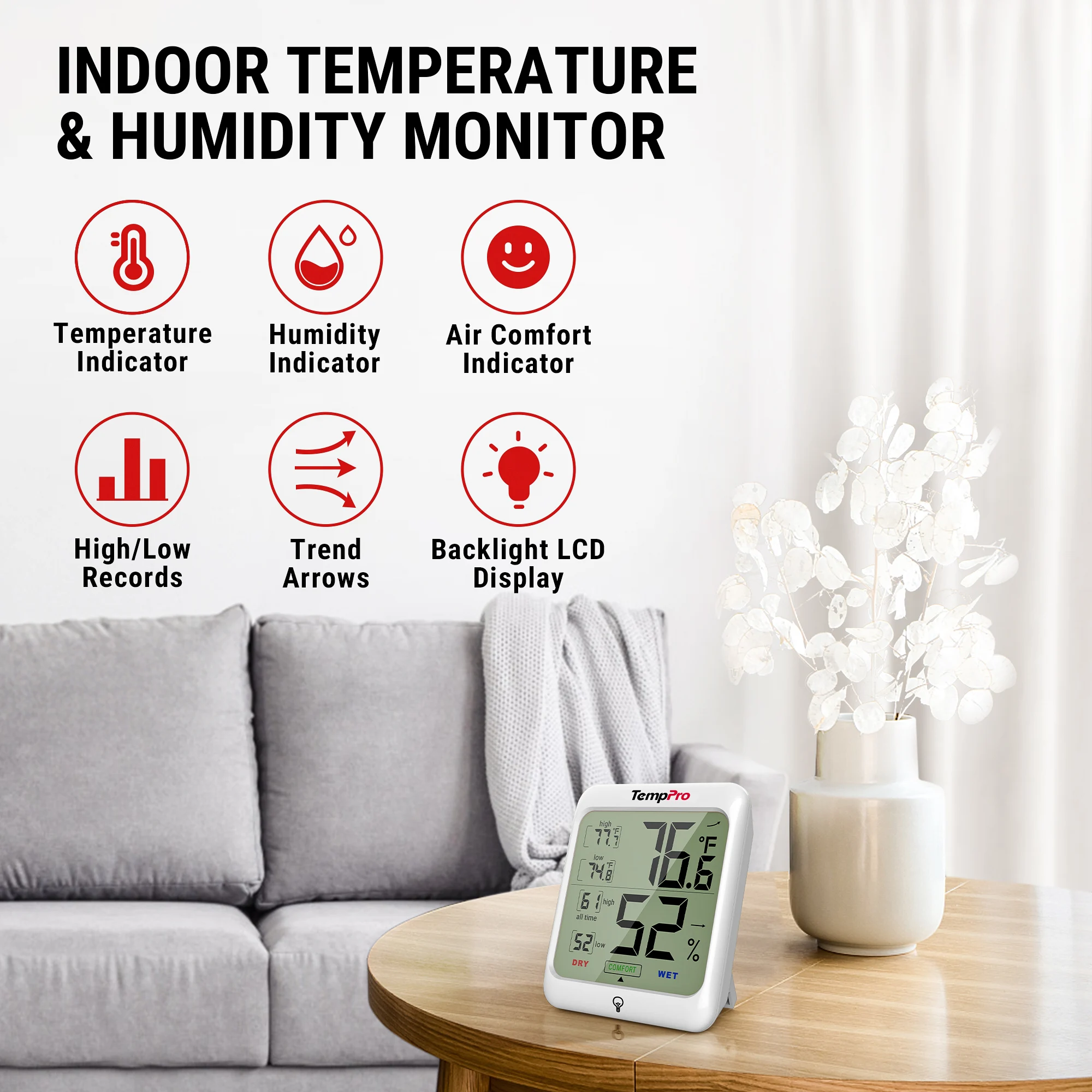 TempPro TP53 Digital Indoor Room Thermometer Hygrometer Temperature Humidity Sensor Backlight Weather Station For Home