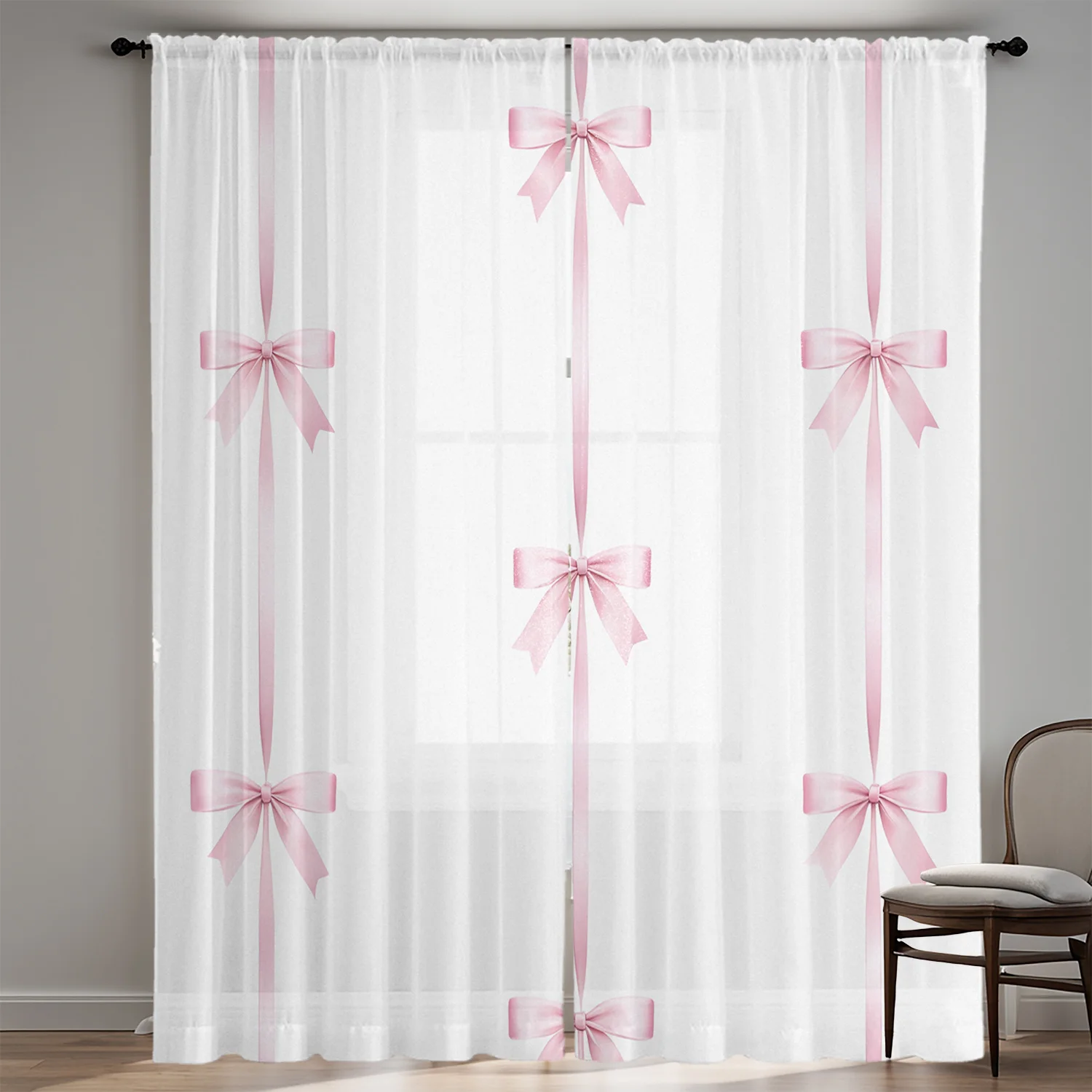 2PC Pink Bow Sheer Curtains – HD Digital Print, Pocket Rod Design for Living Room & Bedroom – Home Decor Window Treatments