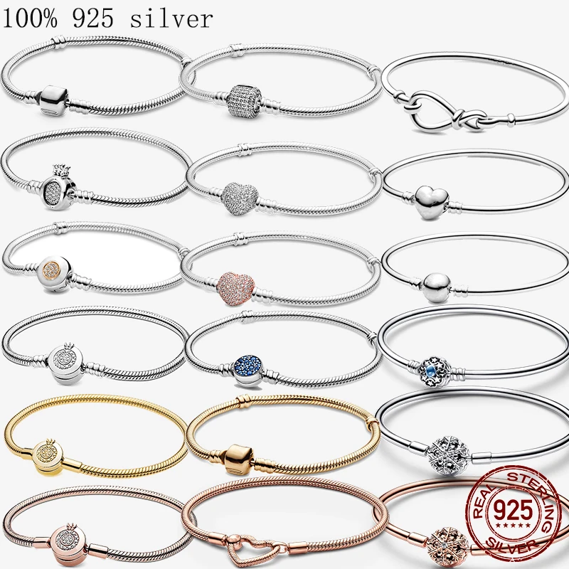 925 Sterling Silver Love Heart Sliding Pulsera Plata Original Bracelet Multi Snake Chain Sparkling Disc Mouse Heart Clasp Bangle