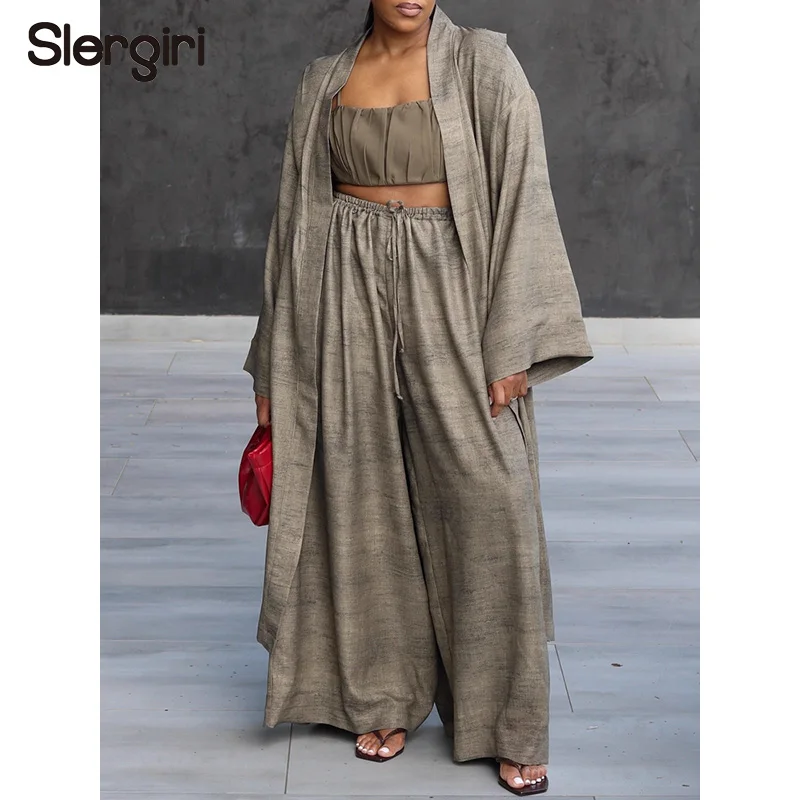 

Slergiri Three-piece Set Women Fashion New 2026 Spring Summer Casual Long Kimono Cardigan + Camisole And Oversize Wide-leg Pants
