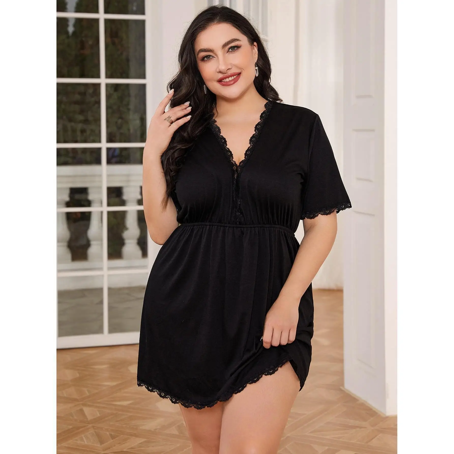 Large Size L-5XL Women Pajamas Black Lace V-Neck Short Sleeves Nightwear Female Summer Sexy Nightgown Mujer Loose Lounge Wear