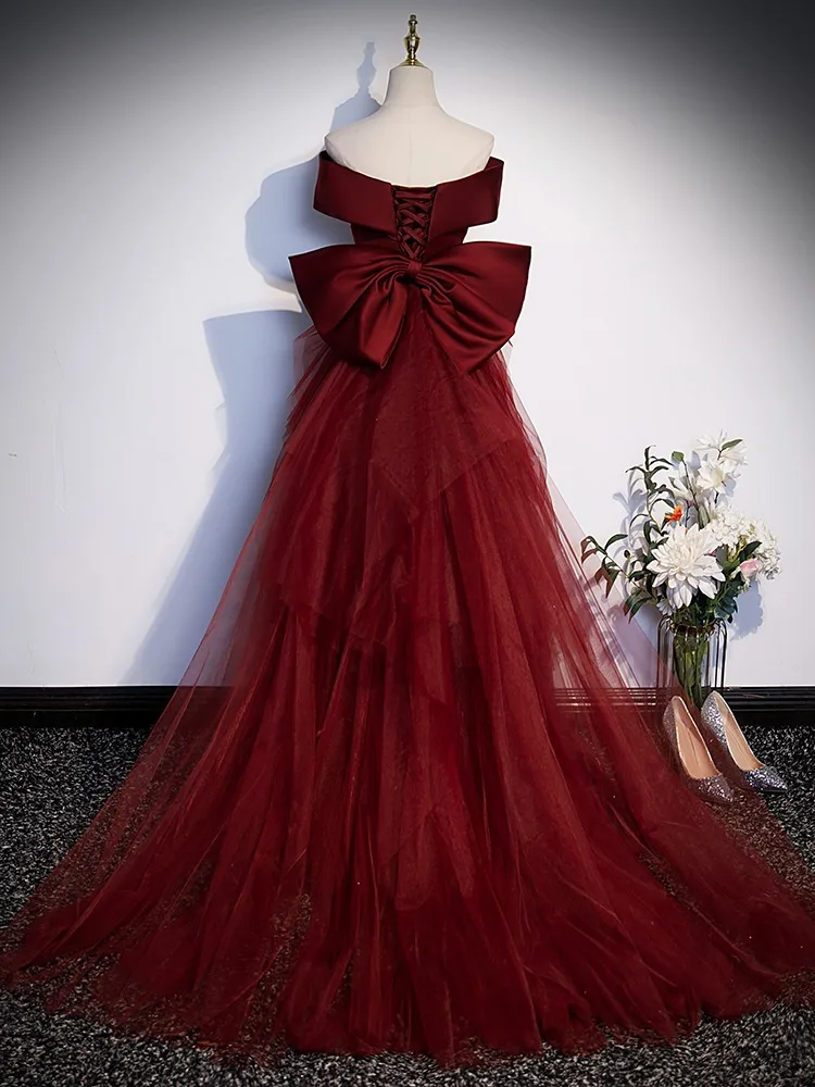 Burgundy Fishtail Evening Female Vocal Art Exam Party Strapless Light Wedding Dress