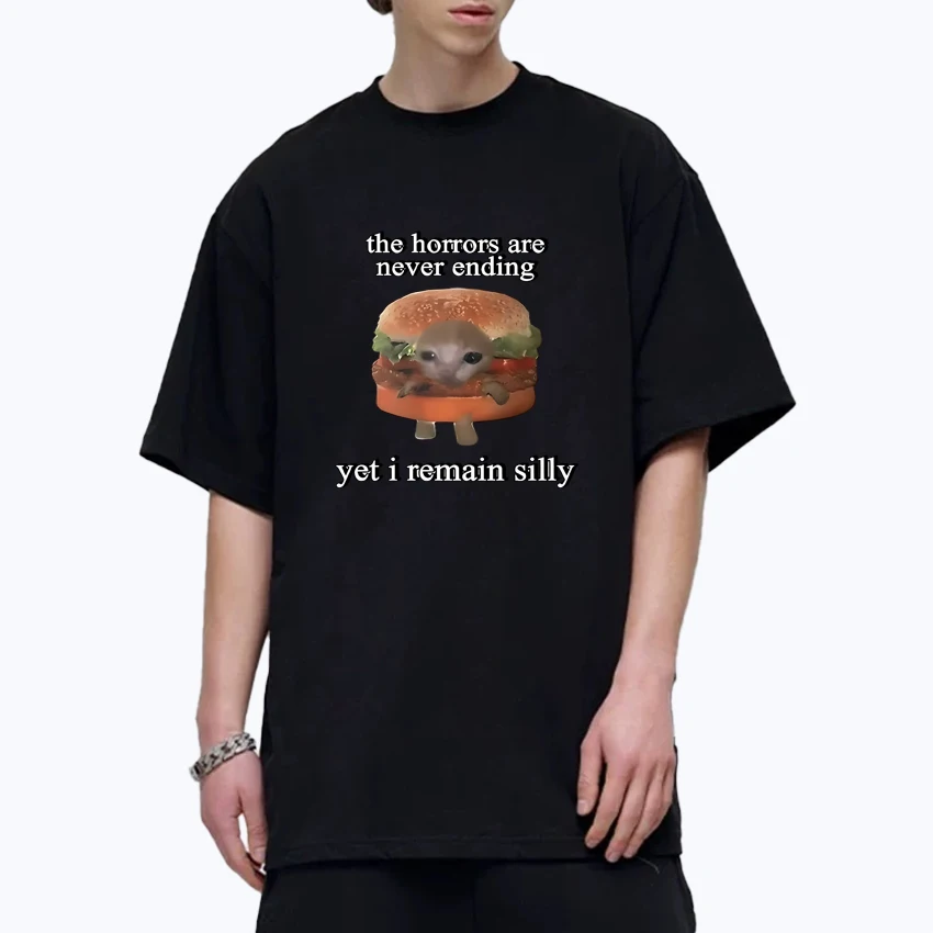 

2025 Funny Cat The Horrors Are Never Ending Crew Neck Oversized T Shirt Men Women short sleeve t-shirts Summer Casual clothing