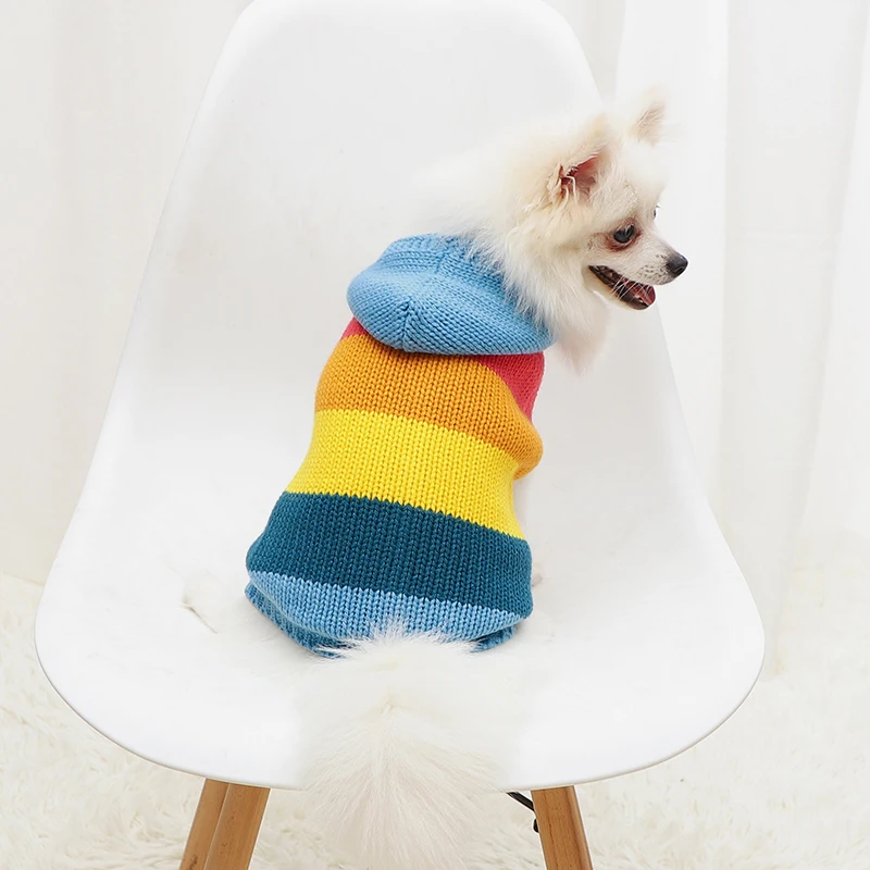 Dogs Sweater Knitted Hooded Pets Cats Pullover Fashion Rainbow Striped Chihuahua Pomeranian Bulldog Sleeveless Comfortable Warm