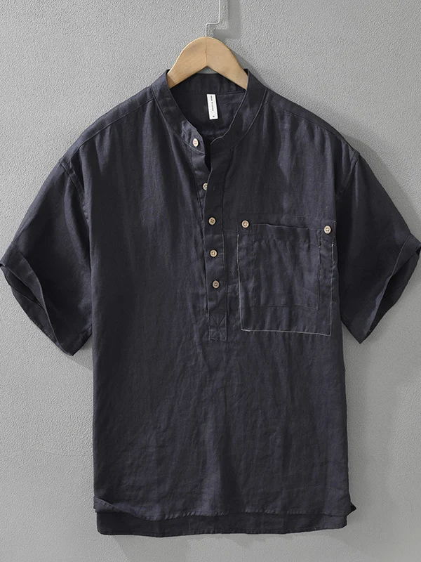 

Chinese Sle Pure Linen ort Sve T-irt Men's Summer Thin Breathable Casual Button Collar irt Trendy Loose Fit Urban ...