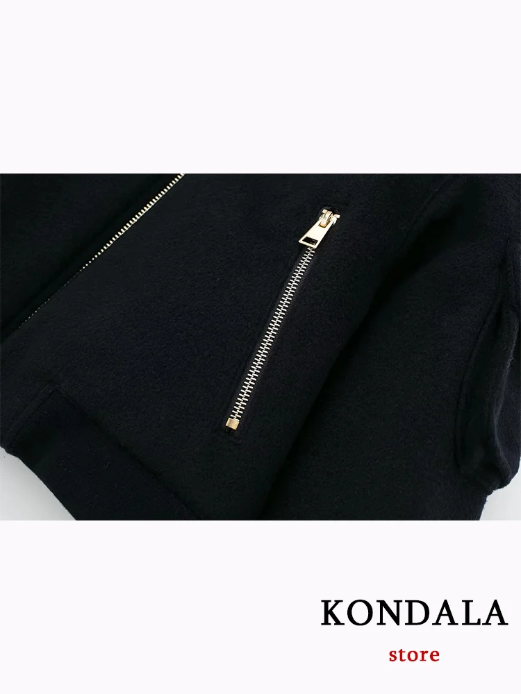 KONDALA Vintage Casual Chic Bomber Jacket Solid Zipper O-neck Pocket Long Sleeve Coats Fashion 2023 Autumn Winter Outwears