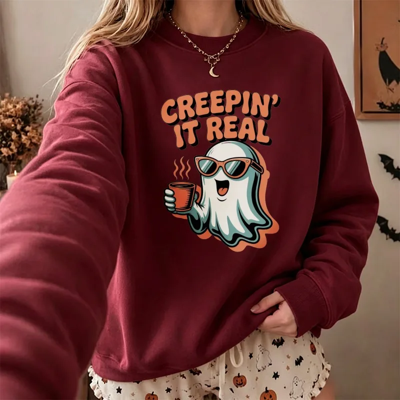 Creepin' It Real Cool Ghost with Sunglasses Holding Coffee Cup Retro Cartoon Print Pullover Halloween Casual Loose Streetwear