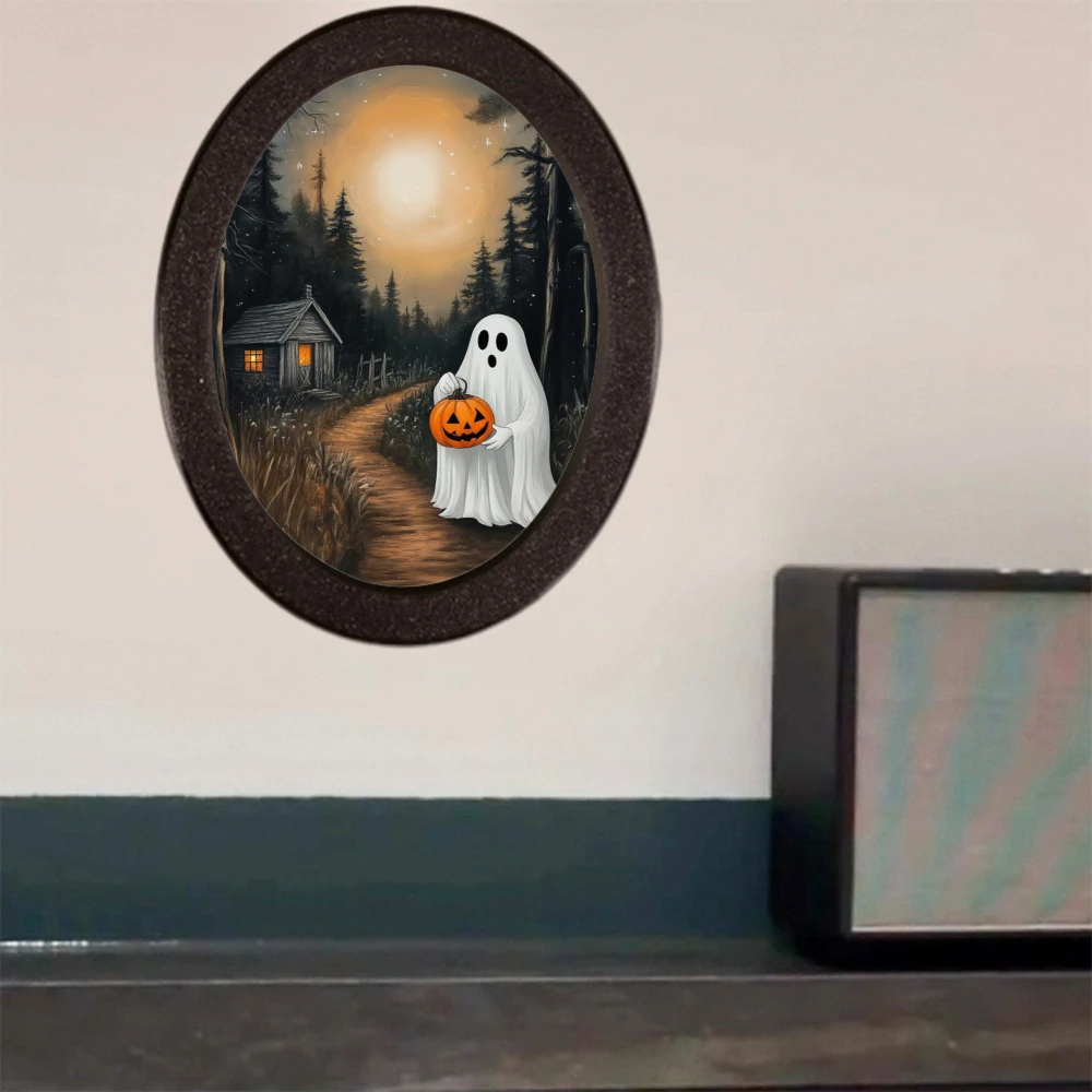 إطار صورة بيضاوي أسود عبر الحدود مع رسم توضيحي لفانوس اليقطين يحمل الأشباح، مناسب لديكور الهالوين، إنشاء بلدي