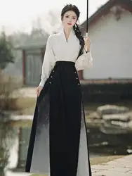 Chinese Style Ink Painting Hanfu Dress Suit Cross Collar Blouse Black Pearl Horse Face Skirt Original And Improved Modern Hanfu