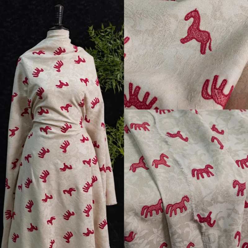 L50cm X W145cm Year of Horse Jacquard Linen Fabric Red Pony Embroidery for Draped Blazer Shawl Clothing Designer Textile Fabrics