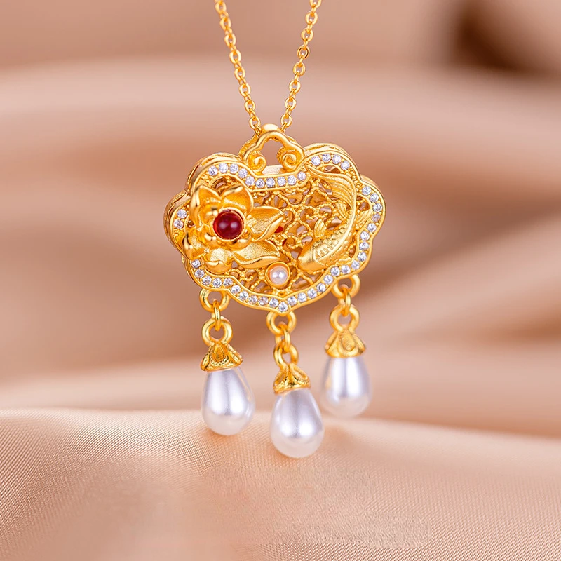 Luxury Chinese Tradition Koi Lotus Lock Diamond Pearl Long Life Lock Pendant for Bridal Jewelry Wedding Accessories