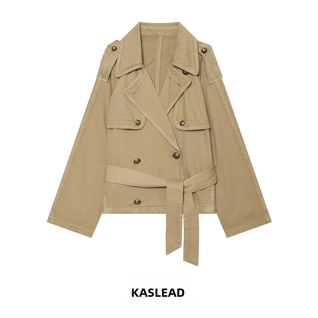 KASLEAD Women's Short Coat Jacket Design Sense Turn-down Collar Outerwear Long Sleeve Double-breasted Polyester Fiber