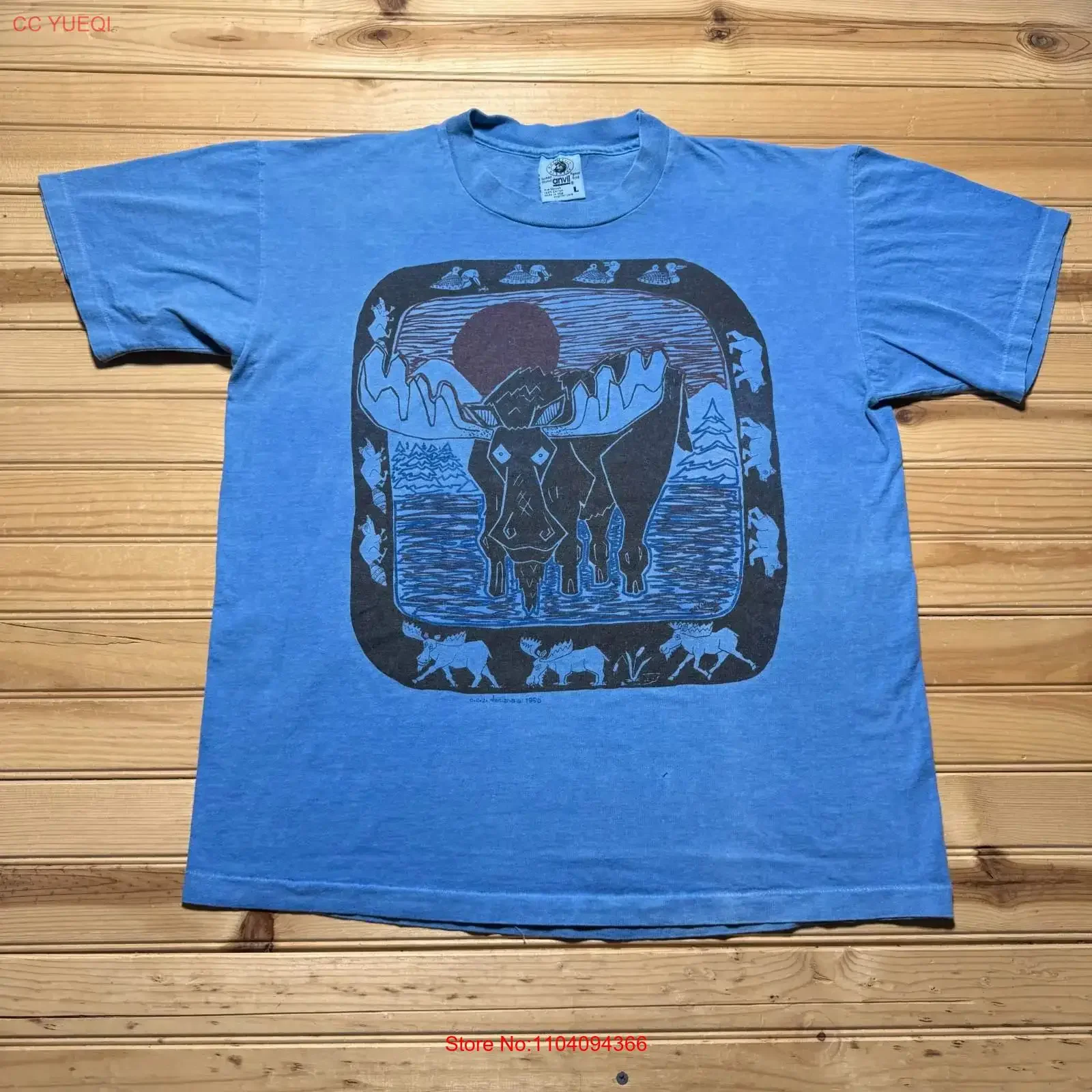 Vintage 1996 Moose Bear Raccoon Duck Wildlife Drawing T Shirt USA Large vintage Washed graphic Stylish Breathable Slightly
