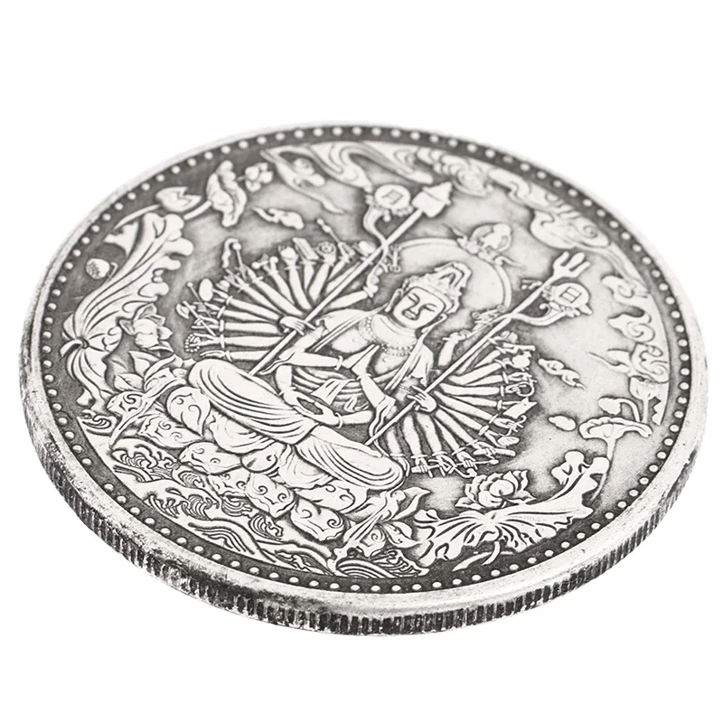 1PC Silver Ancient Coins Collection Buddhist Thousand Hand Guanyin Heart Sutra Buddha Statue Auspicious Ornament Gift