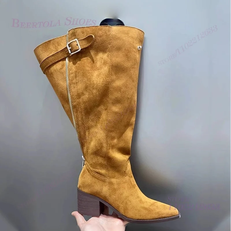 

Dark Brown Suede Loose Fitting Zip Pleated Boot Women Cool Black Soft Leather Street Pointed Calf Booties Chunky Low Heeled Shoe