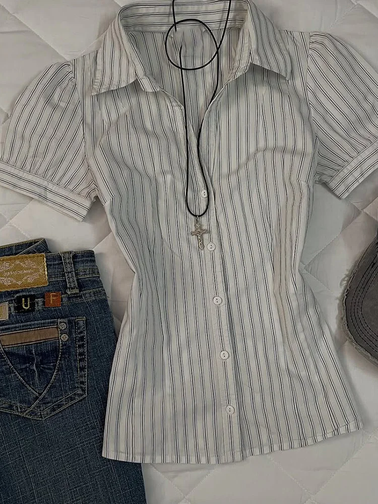 

Original Retro Striped ort Sve irt Ele Slimming Beautiful Top for Young Women Commute Sle Korean Fit Cotton Blend