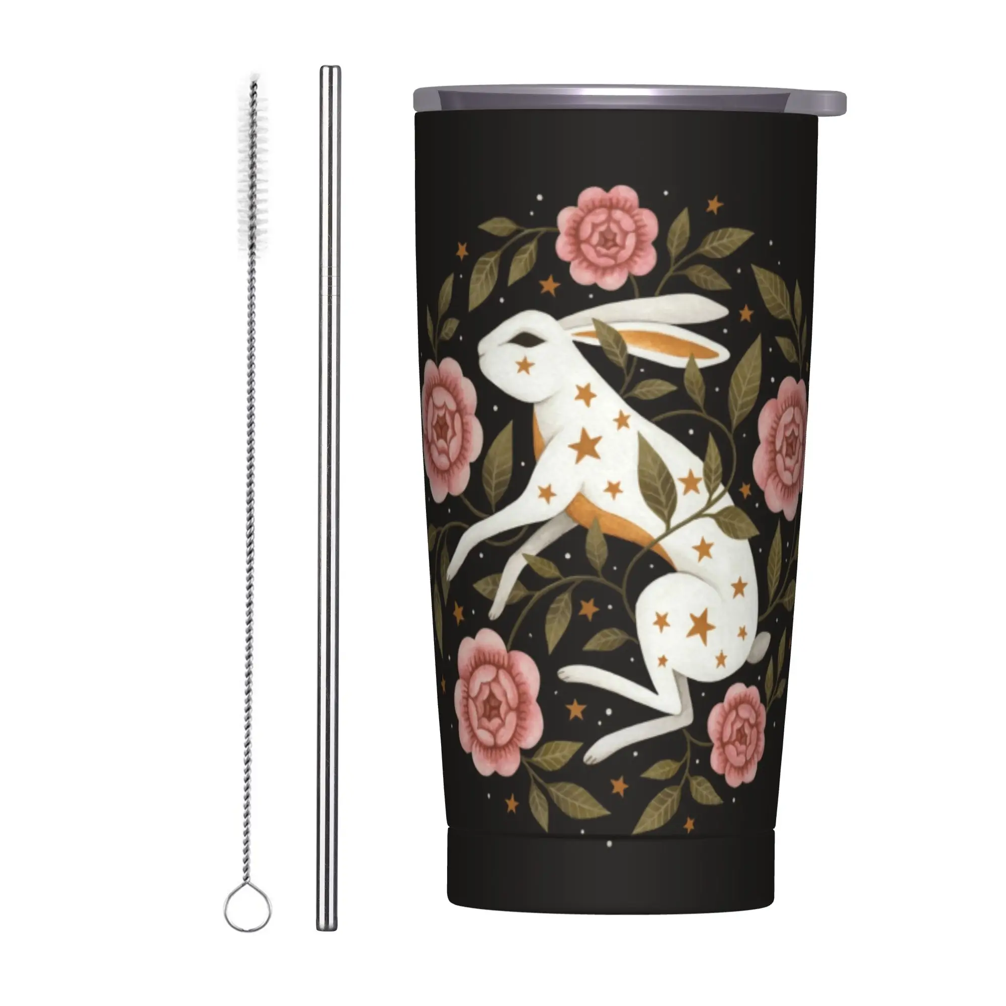 Entangled Floor Insulated Tumbler with Straws Lid Lovely Rabbit Bunny Cartoon Print Vacuum Thermal Mug Home Car Bottle Cup, 20oz
