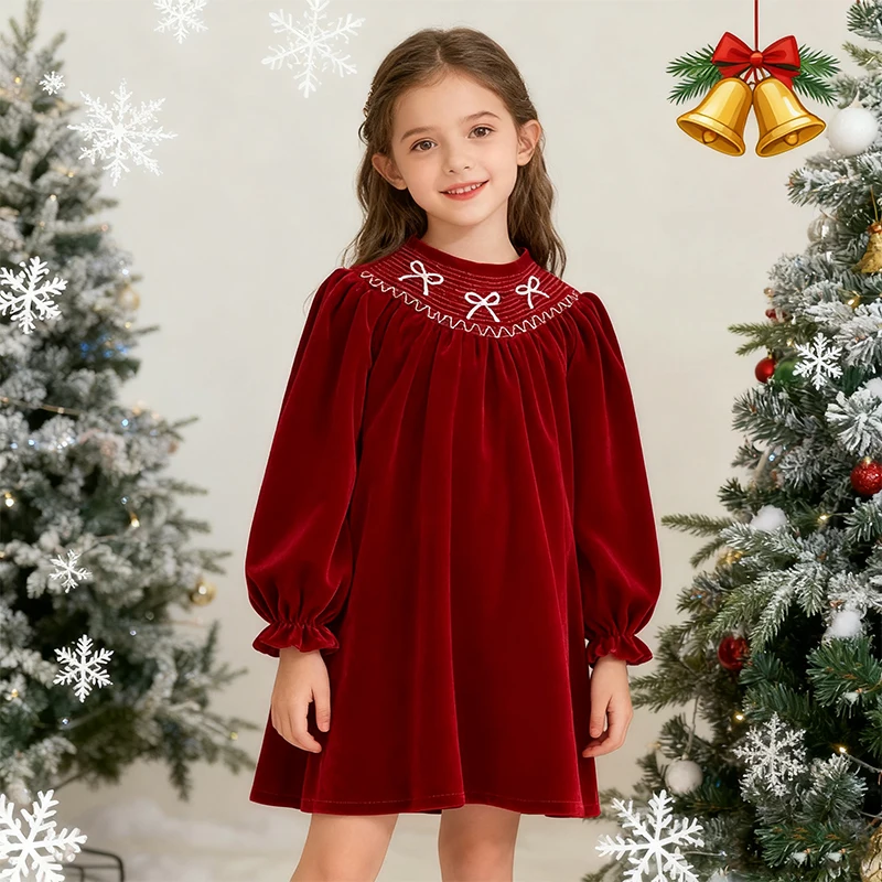 Christmas Party Dress Baby Girl Bow Princess Ruffle Finish Dress Fashion Christmas Holiday Autumn Winter Wear Kids Girl Dress