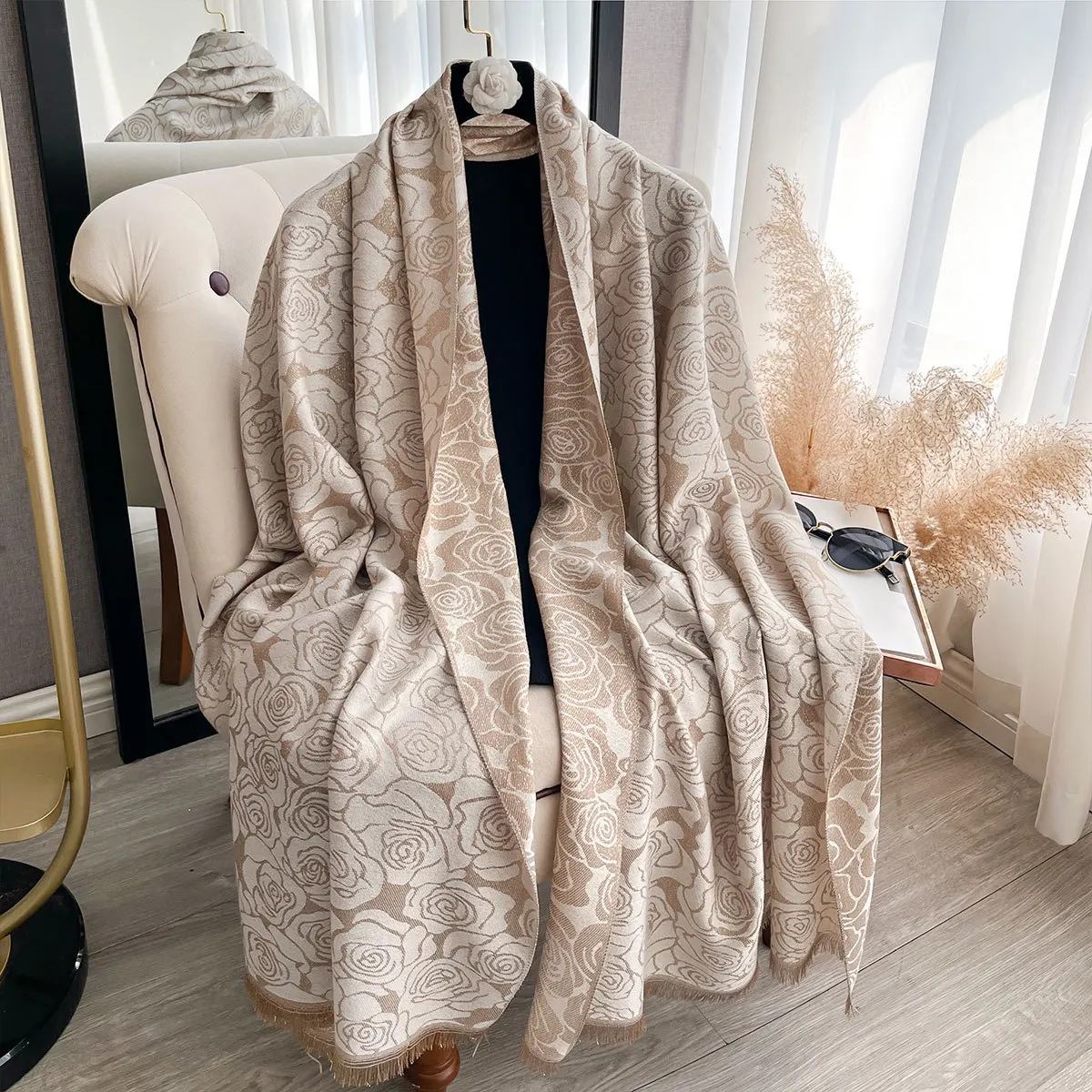 2026 Новая мода, двусторонний утолщенный женский теплый шарф с искусственным кашемиром, теплый цветочный шарф с кондиционером, женская дорожная шаль на шею