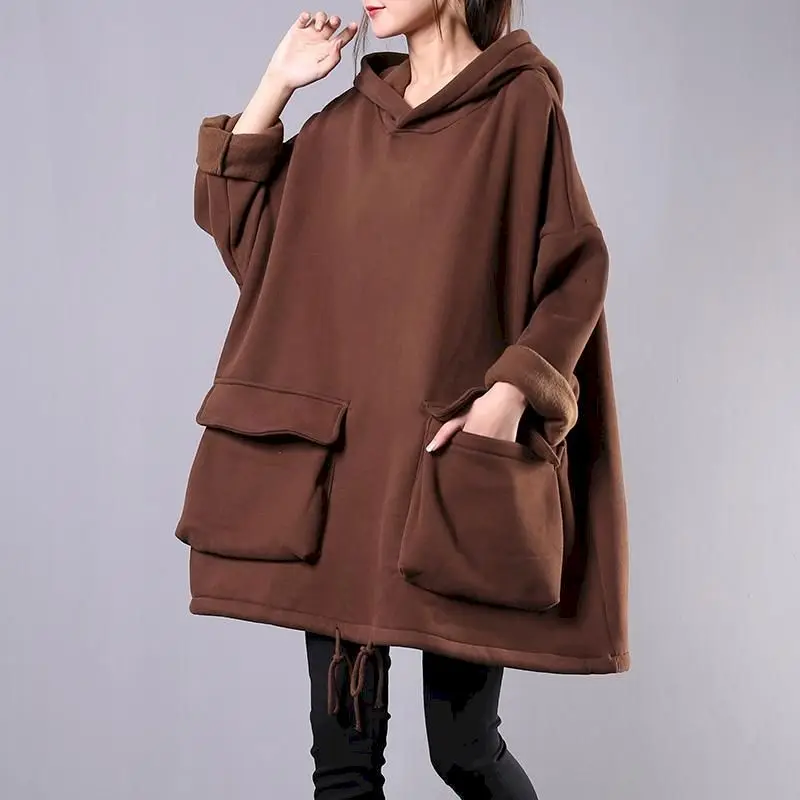 Oversized Hoodies Women Autumn Winter Trendy Hooded Coats Korean Loose Plus Velvet Thicken Hoodie Fashion Casual Hooded Jackets